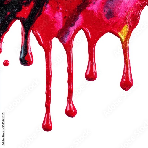 Red paint dripping isolated on white background art with various shades and textures.
