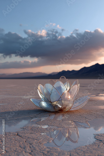 Translucent glass lotus flower rests in a minimalist desert, reflecting the sunset sky in still water, showcasing high-fashion editorial aesthetics and cinematic lighting