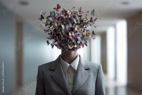 Businesswoman in a tailored suit has her head replaced by a colorful swarm of butterflies, positioned in a contemporary office corridor with large windows