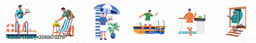 Set of flat vector illustrations featuring men in tropical shirts serving drinks, relaxing by the pool, and working at a luxury summer resort.