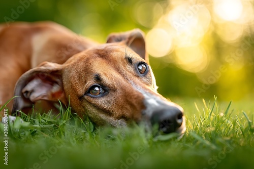 Close up portrait of an elegant Azawakh dog lying down on green grass in summer nature