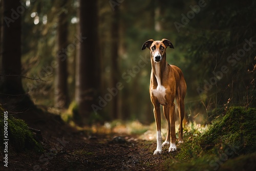 Full body portrait of an elegant Azawakh dog standing proud on a forest path at sunset
