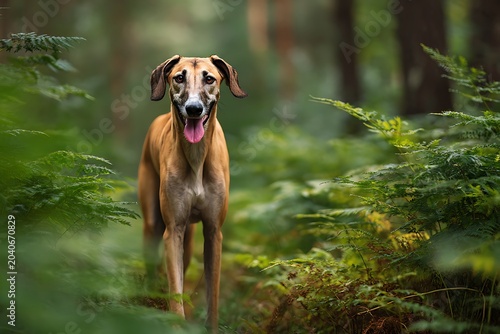 Portrait of an elegant Azawakh dog standing proud on a forest path at sunset

