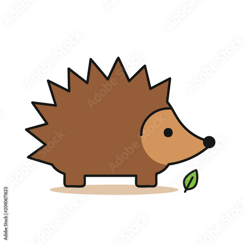 Cute cartoon hedgehog character walking towards a small green leaf.