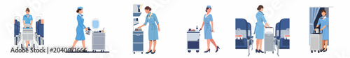 Fotografie Collection of flat vector illustrations of female flight attendants in blue uniforms providing passenger service with a food trolley on an airplane