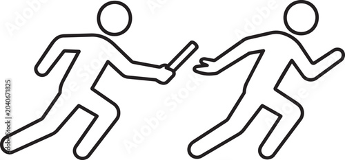 Stick figures passing a baton in a relay race