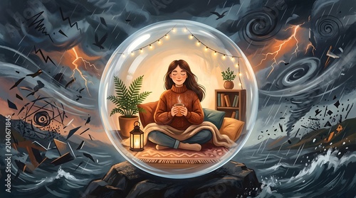 Woman finding inner peace and tranquility inside a bubble amidst a storm