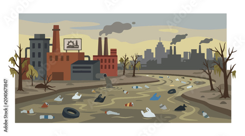 Bild auf Leinwand flat vector illustration of polluted river filled with trash and plastic bottles