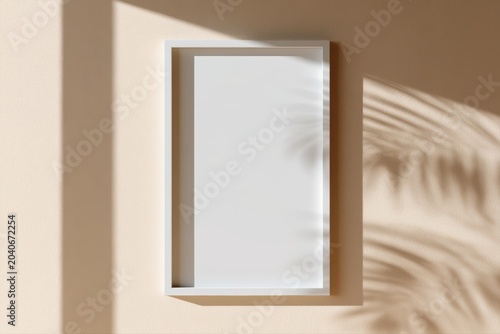 Blank white frame mockup on warm beige wall with natural sunlight and organic leaf shadow patterns, clean minimal composition