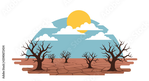 Foto flat vector illustration of dead trees and cracked land under hot sun showing cl
