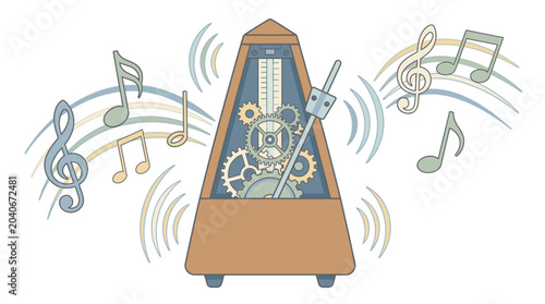 Tableau sur toile Metronome with musical notes and gears.