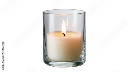 Photography Burning white candle in a clear glass cylinder, isolated on transparent backgrou
