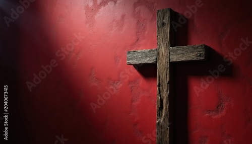 Rustic wooden cross stands against deep red textured wall. Dramatic side lighting casts shadows creating strong contrast. Simple, aged wood element conveys faith and devotion.