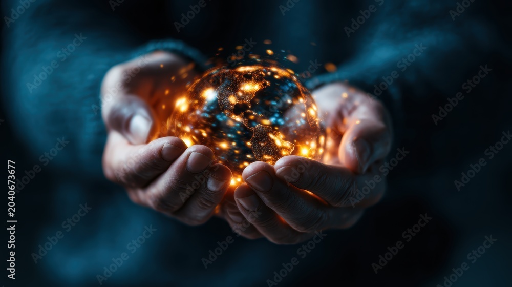 Fototapeta premium A mesmerizing glowing orb held delicately in hands, symbolizing the fusion of light and energy, depicting the intricate connection between individuals and the universe.