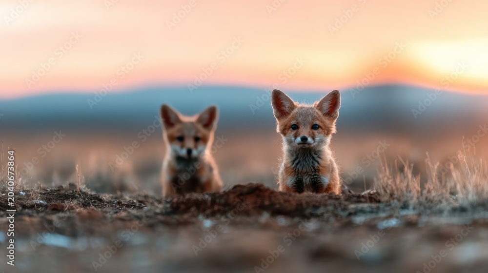 Fototapeta premium A heartwarming image featuring two playful fox cubs exploring their natural habitat during the golden hour, capturing the innocence and curiosity of youth in a stunning backdrop.