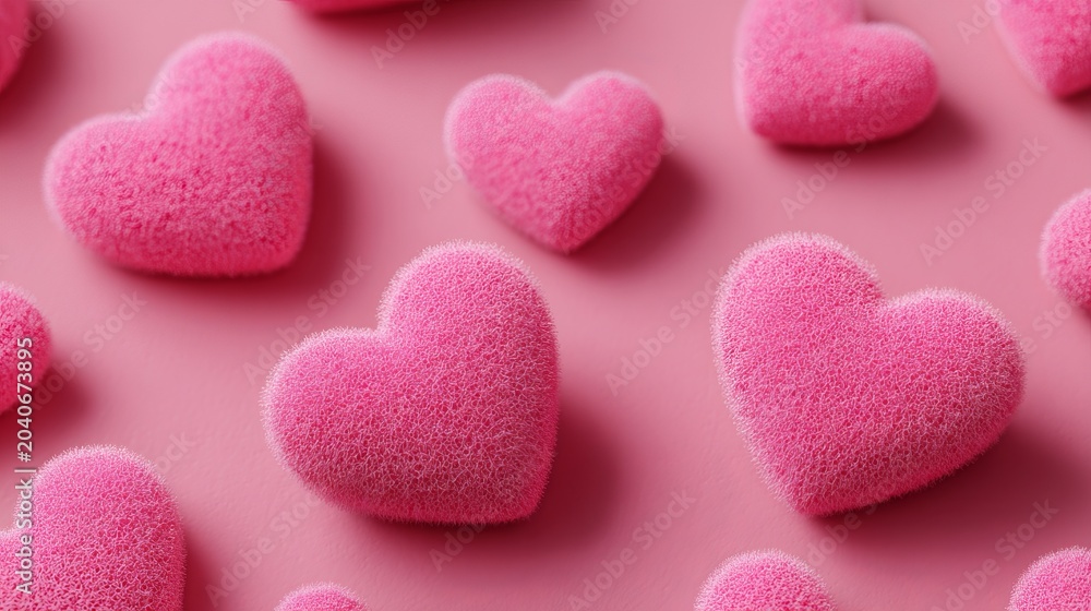 Fototapeta premium A close-up view of pink heart-shaped candies on a matching pink background