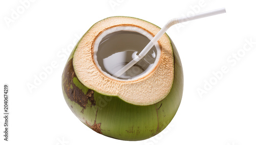 Tableau sur toile Fresh green coconut with clear water and white straw, isolated on transparent ba