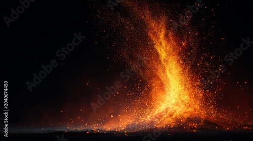 Powerful Eruption of Volcano with Bright Flames and Flying Lava Sparks Against Dark Sky Creating a Stunning Natural Display of Fire and Heat