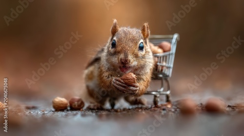A delightful scene of a squirrel happily clutching hazelnuts while sitting inside a miniature shopping cart, embodying the charm of nature's playful moments.
