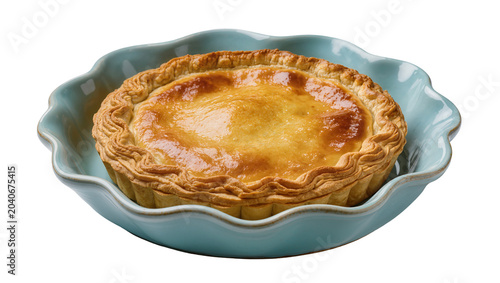 Billede på lærred Golden brown baked pie with flaky crust in a blue ceramic dish, isolated on tran