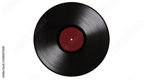 Schilderij op canvas Black vinyl record with red label and white center hole, isolated on transparent