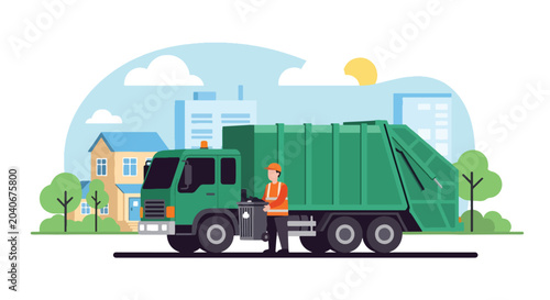 Fotografie Municipal sanitation worker collecting household waste with trash truck demonstr