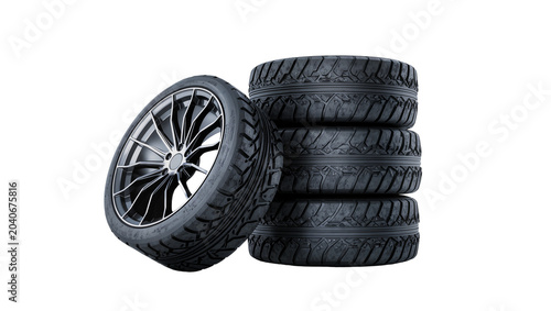 Konstfotografi Stack of four car tires and one alloy wheel, isolated on transparent background