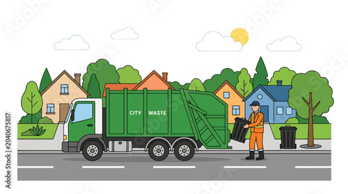 Billede på lærred Municipal sanitation worker collecting household waste with trash truck demonstr