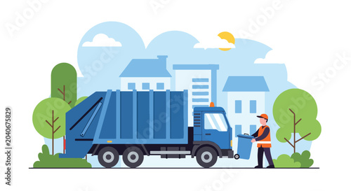 Bild auf Leinwand Municipal sanitation worker collecting household waste with trash truck demonstr