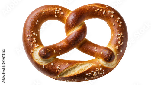 Fotografie Golden brown baked pretzel with coarse salt crystals, isolated on transparent ba