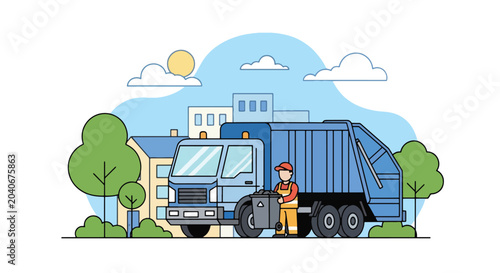 Canvas Print Municipal sanitation worker collecting household waste with trash truck demonstr