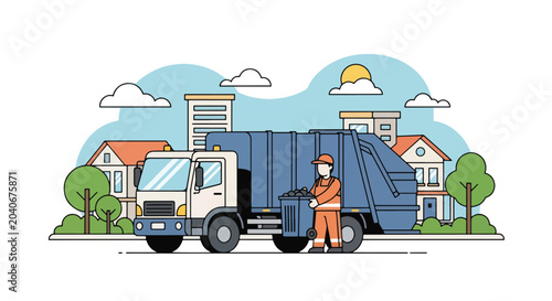 Canvas Print Municipal sanitation worker collecting household waste with trash truck demonstr