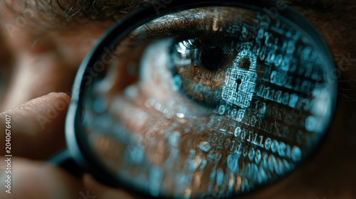 Extreme macro close-up. A hand holds a magnifying glass over a blurry digital screen. Through the glass, a sequence of secure blockchain hashes and a lock icon are perfectly sharp