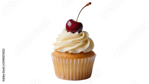 Foto Golden vanilla cupcake with creamy frosting and cherry on top, isolated on trans