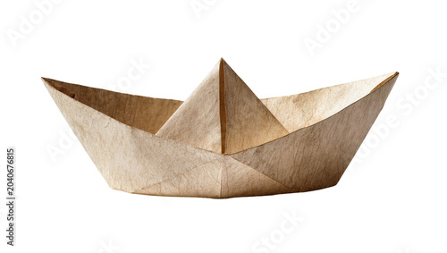 Obraz na plátne Brown textured paper origami boat sailing on water, isolated on transparent back
