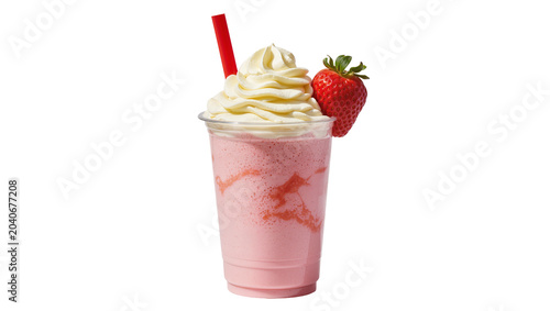 Fotografi Pink strawberry milkshake with whipped cream strawberry garnish and red straw, i