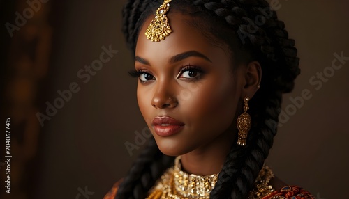 Ethiopian traditional bride wearing cultural Habesha dress and jewelry indoors
