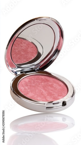 Powder blush compact in rosy pink shade with round pan and mirror inside, elegant beauty product close-up perfect for makeup and beauty enhancement concept