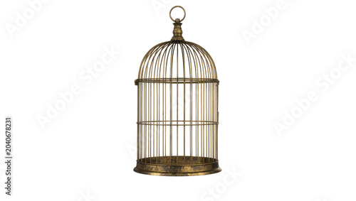 Photos Antique ornate brass birdcage with domed roof, isolated on transparent backgroun