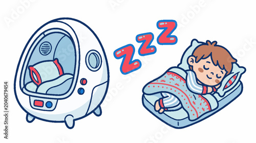 Vector illustration showing a cute child sleeping soundly in a bed next to a modern, egg-shaped sleep pod, with 'Zzz' letters indicating deep rest and comfort.
