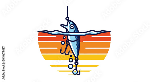 Stylized fishing lure partially submerged in water with retro sunset