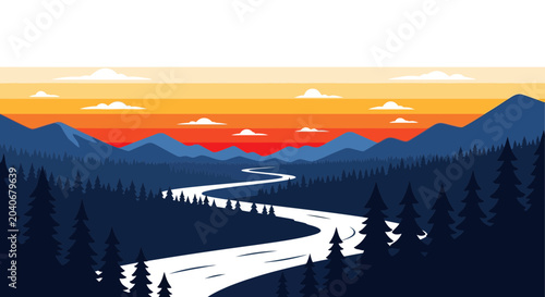 Flat vector landscape with winding river forest mountains and sunset