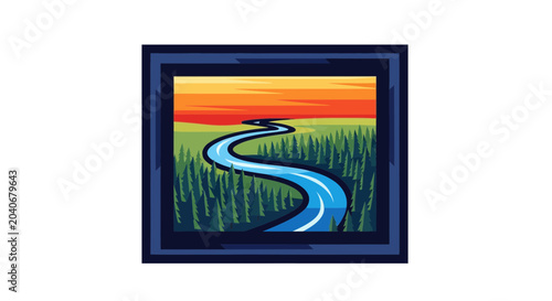 Landscape Illustration of Winding River in Forest at Sunset