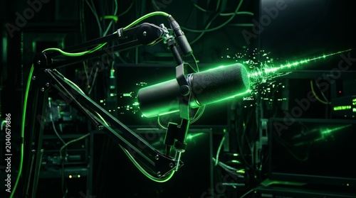 Futuristic broadcast microphone emitting glowing digital sound signal. Concept artificial intelligence, streaming, podcast, broadcasting, audio innovation, communication technology. Generative AI.