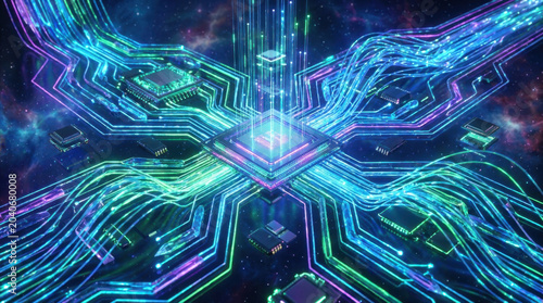 Futuristic quantum computer chip circuit network glowing data technology Neon circuit board around central computer chip with flowing data lines, cosmic background, sci fi digital network concept