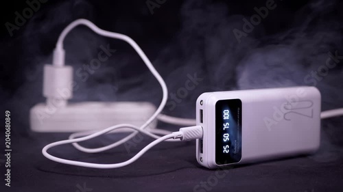 A white portable power bank emits dangerous smoke while charging against a dark background. Concept of electrical fire hazards, overheating lithium batteries, and technology malfunction.