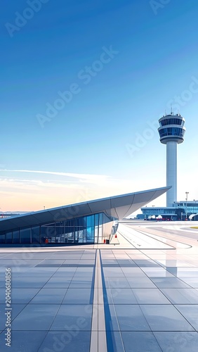 A blurry image of an airport control tower and building