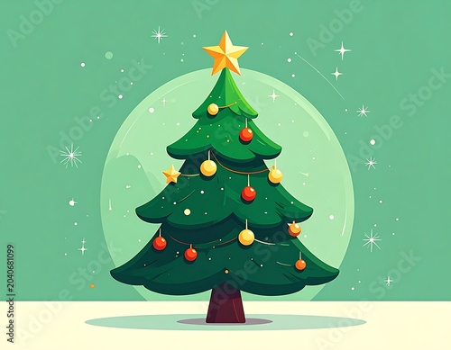 A cartoon Christmas tree with ornaments and a star on top