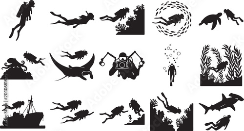Canvastavla Collection of black silhouette divers swimming underwater with sea creatures and
