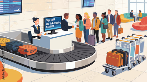Fotografie A busy airport check-in counter with passengers and luggage on a conveyor belt and carts